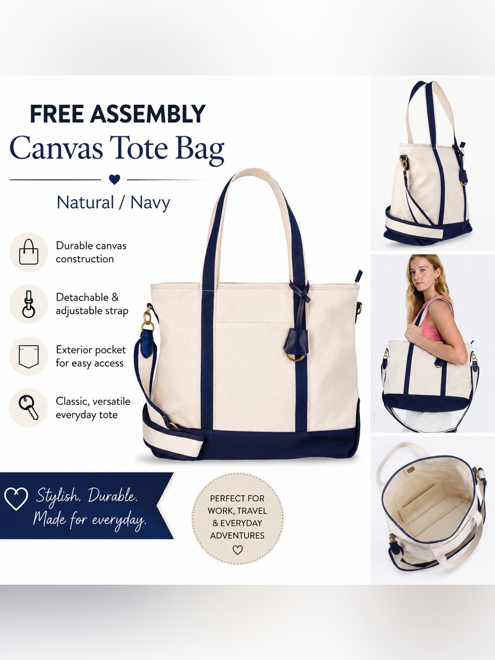 NWT Free Assembly Canvas Tote Bag - Medium Natural & Navy